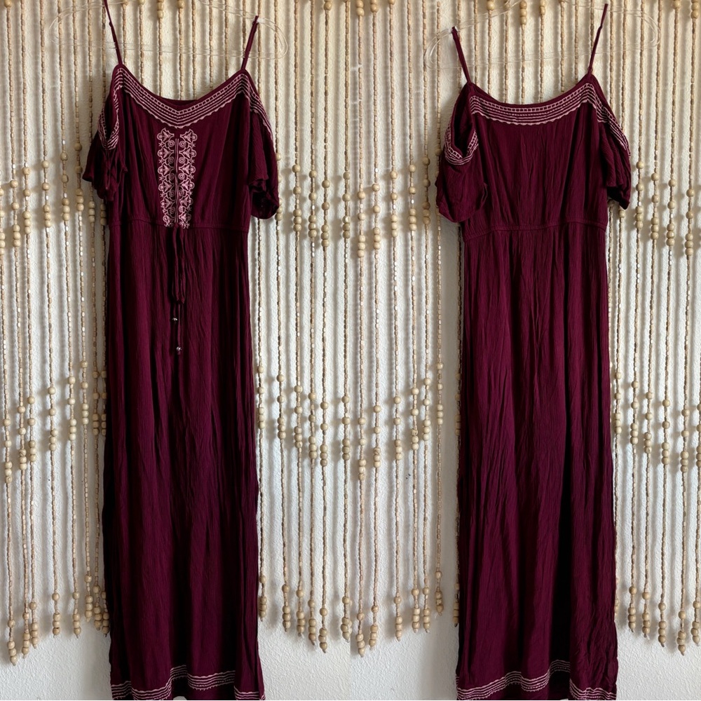 Miami Francesca’s Burgundy Pink Cutout Boho Peasant Embroidered Maxi Slit Dress
